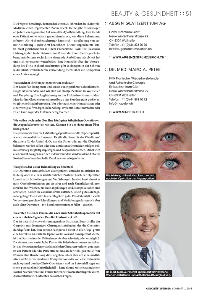 Plastisch-Ästhetische Chirurgie bei der Augen Glattzentrum AG
